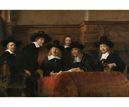 Rembrandt van Rijn - Představenstvo soukenického cechu - Syndics of the Drapers' Guild (The Sampling officials) - reprodukce